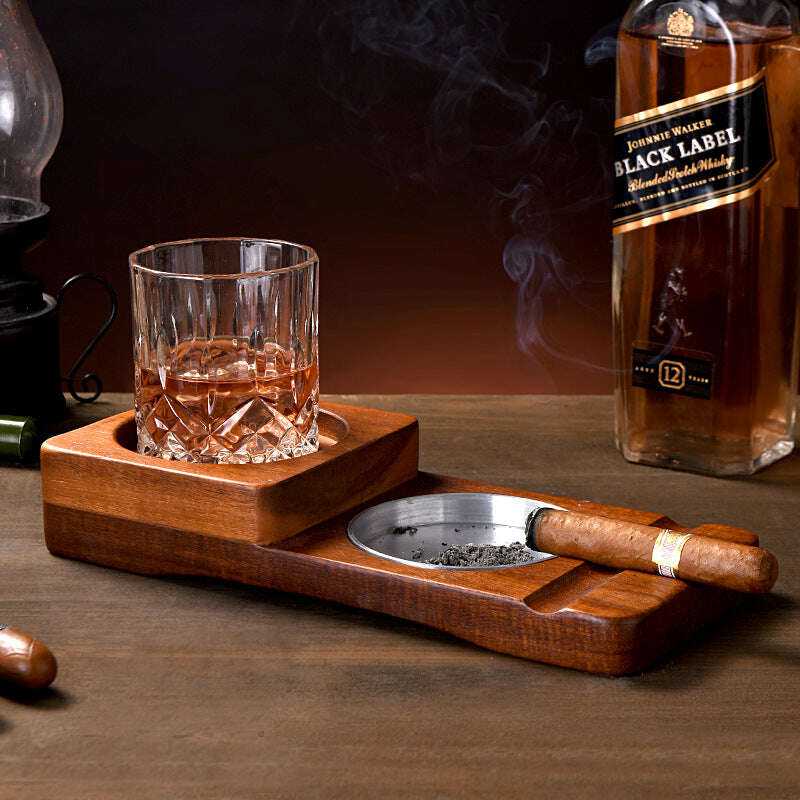 2 In 1 Wooden Ashtray and Whiskey Glass Tray Cigar Holder Home Decor