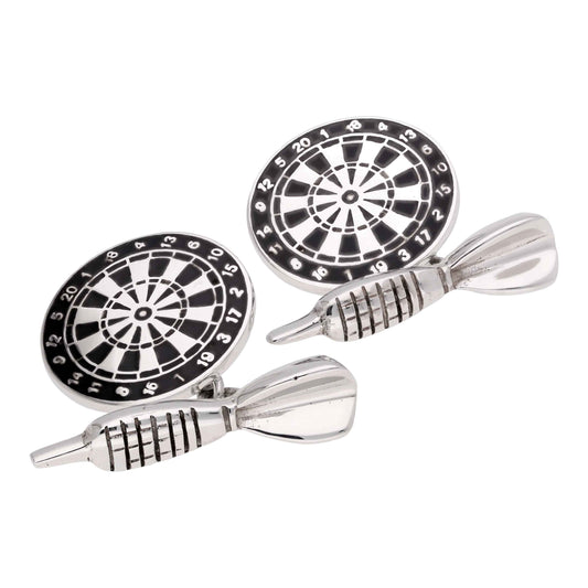 Sterling Silver Dart Cufflinks with Black Enamel Dart & Dartboard Design Cufflinks