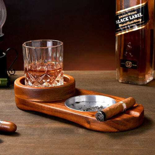 2 In 1 Wooden Ashtray and Whiskey Glass Tray Cigar Holder Round shape Home Decor