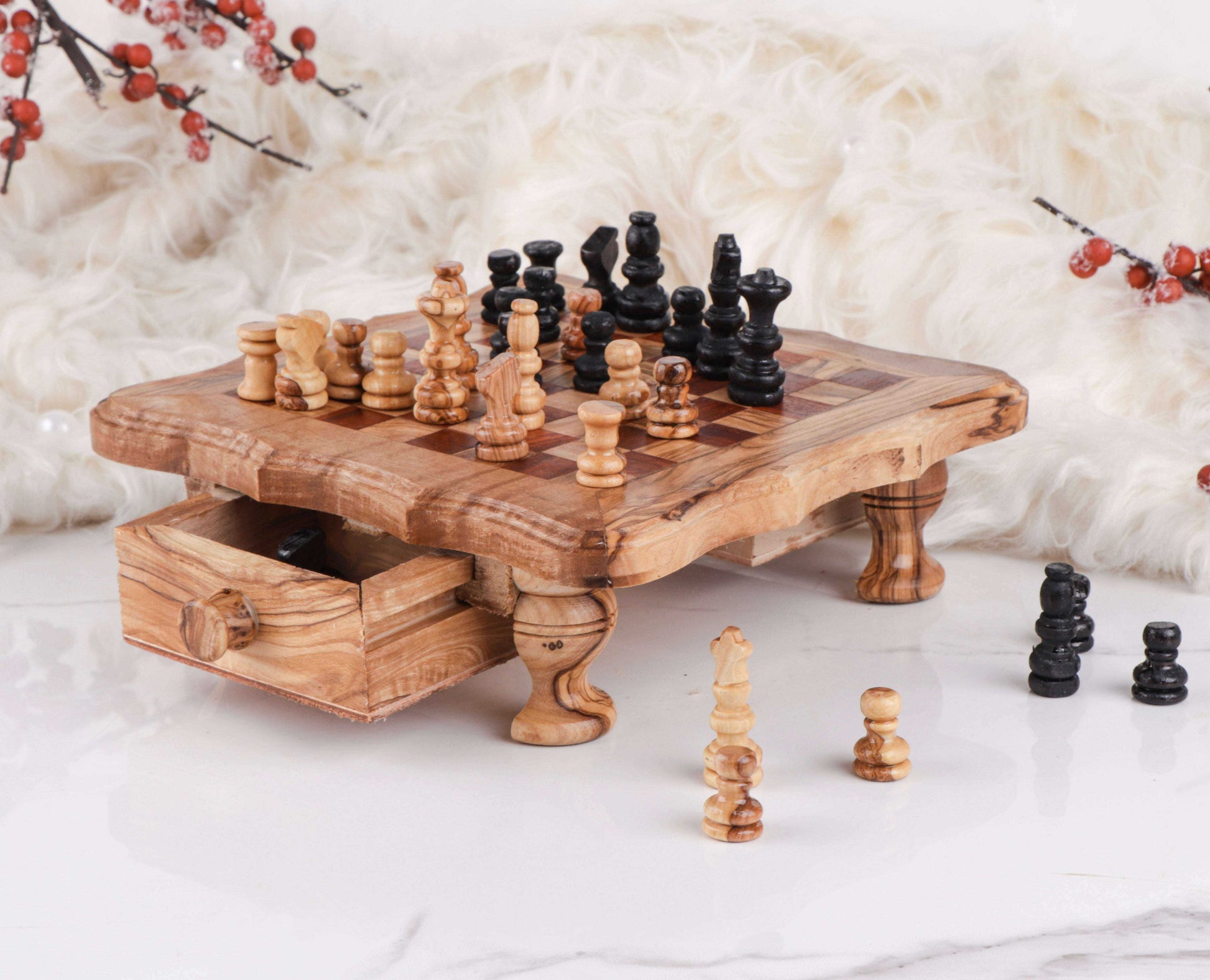 Handcrafted Chess Set with Wavy-Edged Board and Red Squares Personalized
