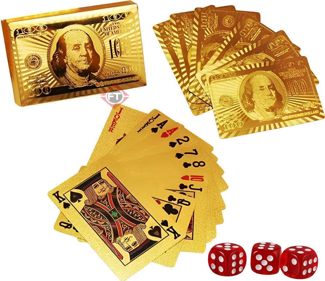 Golden Plastic Playing Cards Set with 3 Red Dice - Ideal for Game Nights Gifts