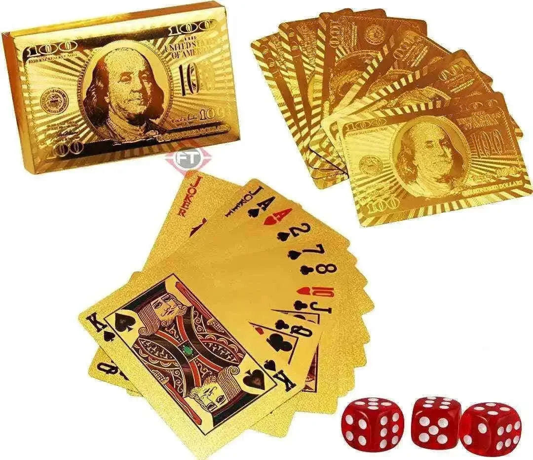 Golden Plastic Playing Cards Set with 3 Red Dice - Ideal for Game Nights Gifts