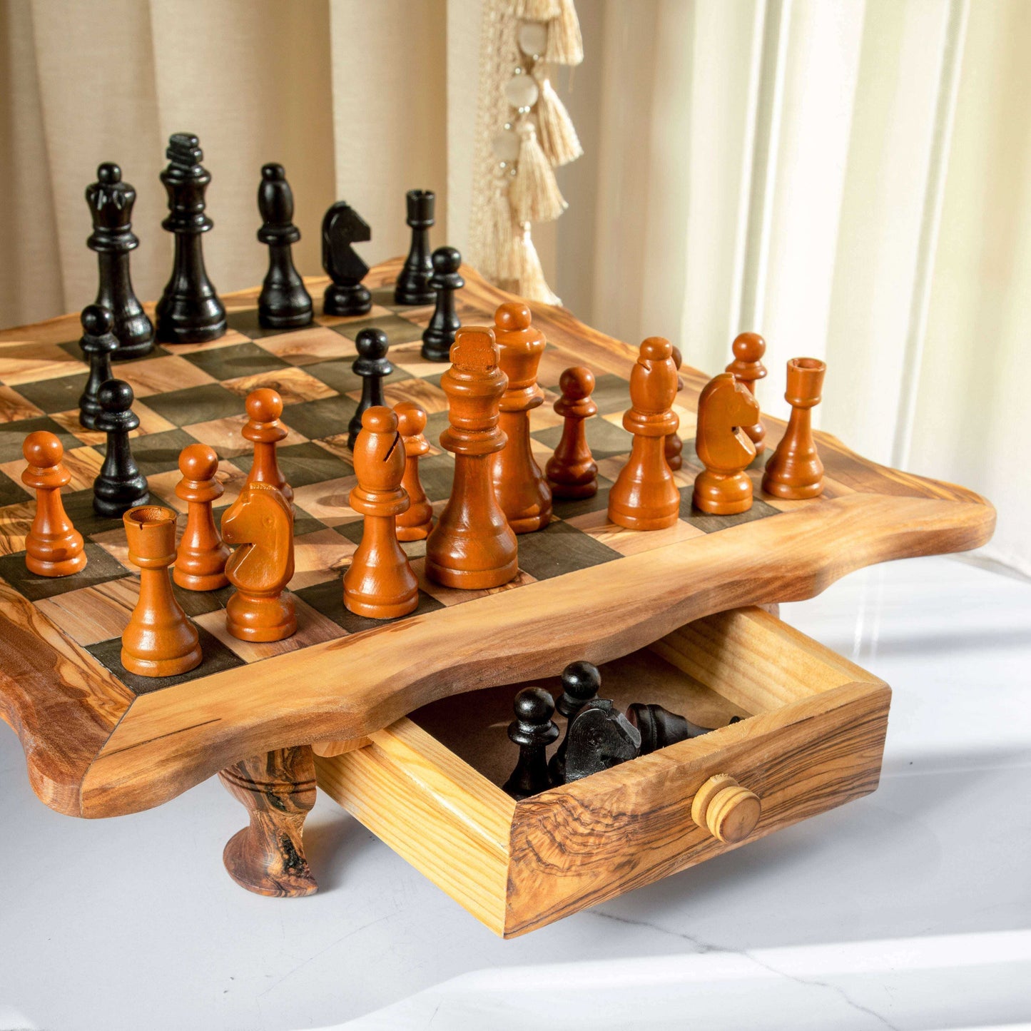 Handcrafted Chess Set with Wavy-Edged Board Personalized