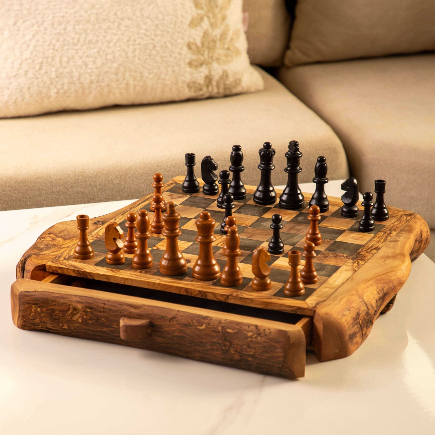 Handcrafted Chess Set with One Large Rustic Drawer Personalized