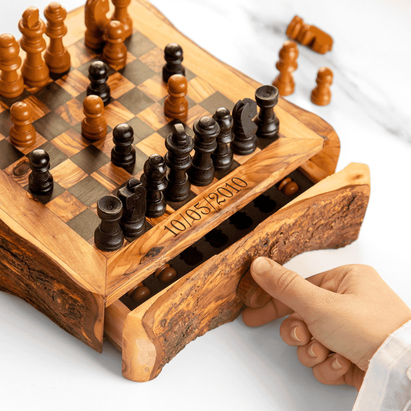 Handcrafted Chess Set with One Large Rustic Drawer Personalized