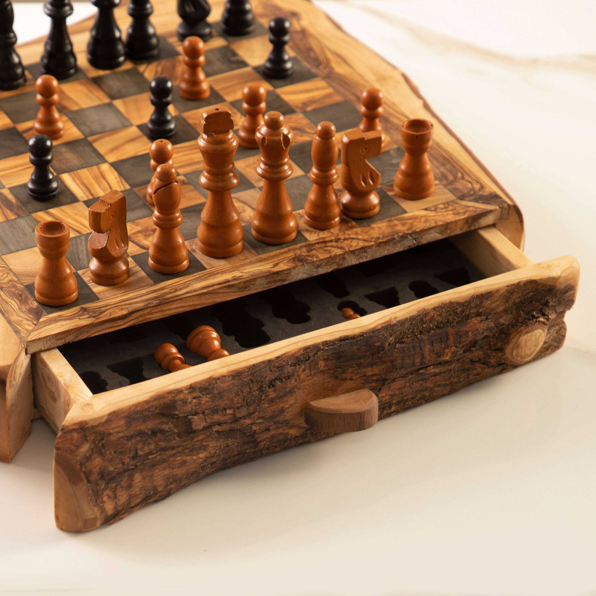 Handcrafted Chess Set with One Large Rustic Drawer Personalized