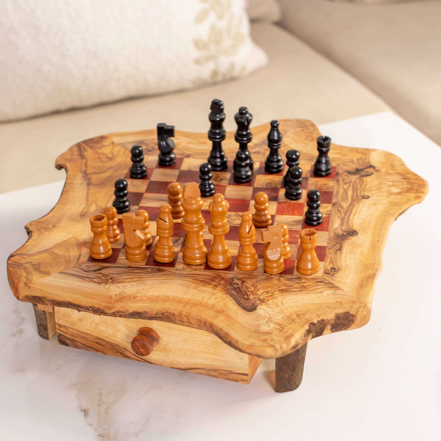 Handcrafted Chess Set with Red Squares and Convenient Drawers Personalized