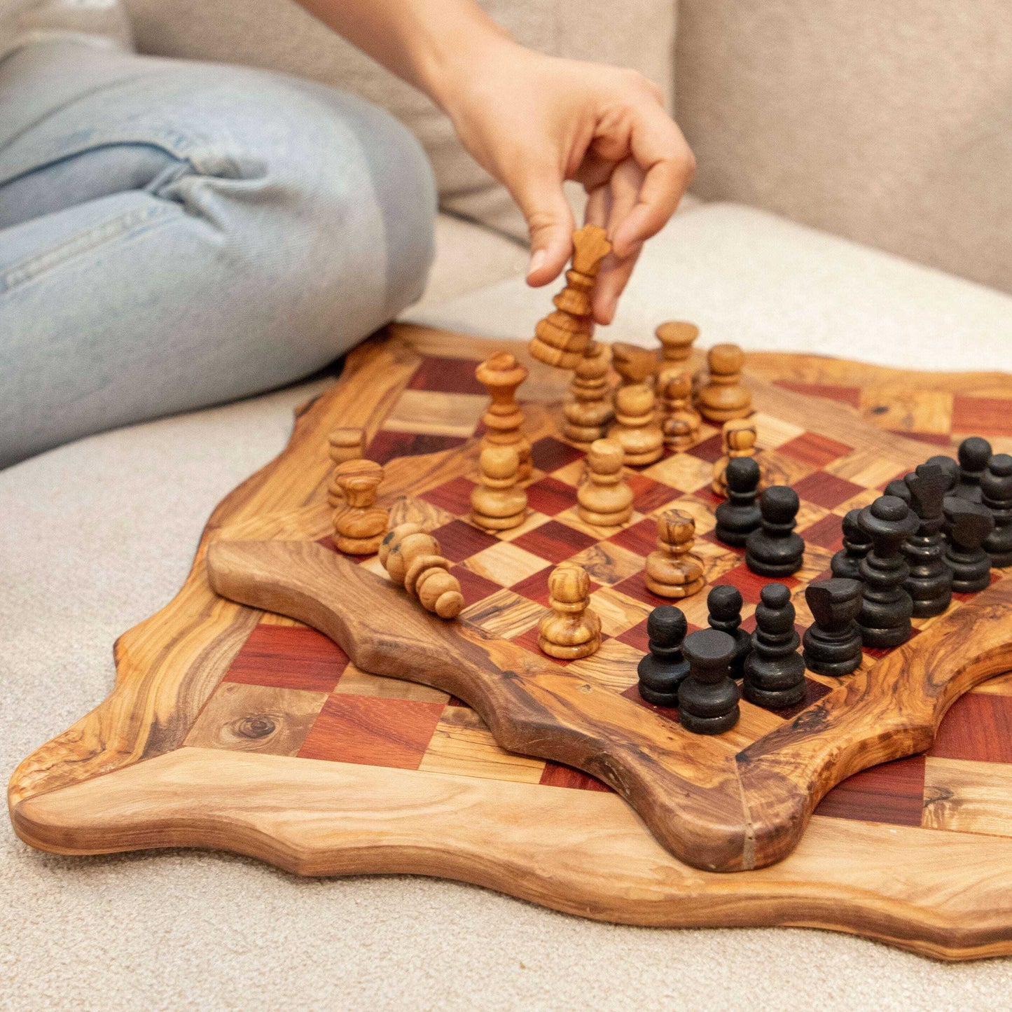 Handcrafted Chess Set with Square Wavy Board and Red Squares Personalized