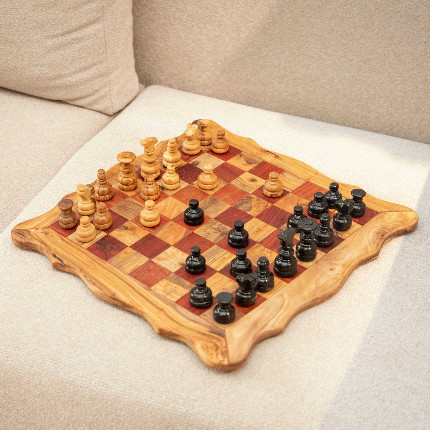 Handcrafted Chess Set with Square Wavy Board and Red Squares Personalized