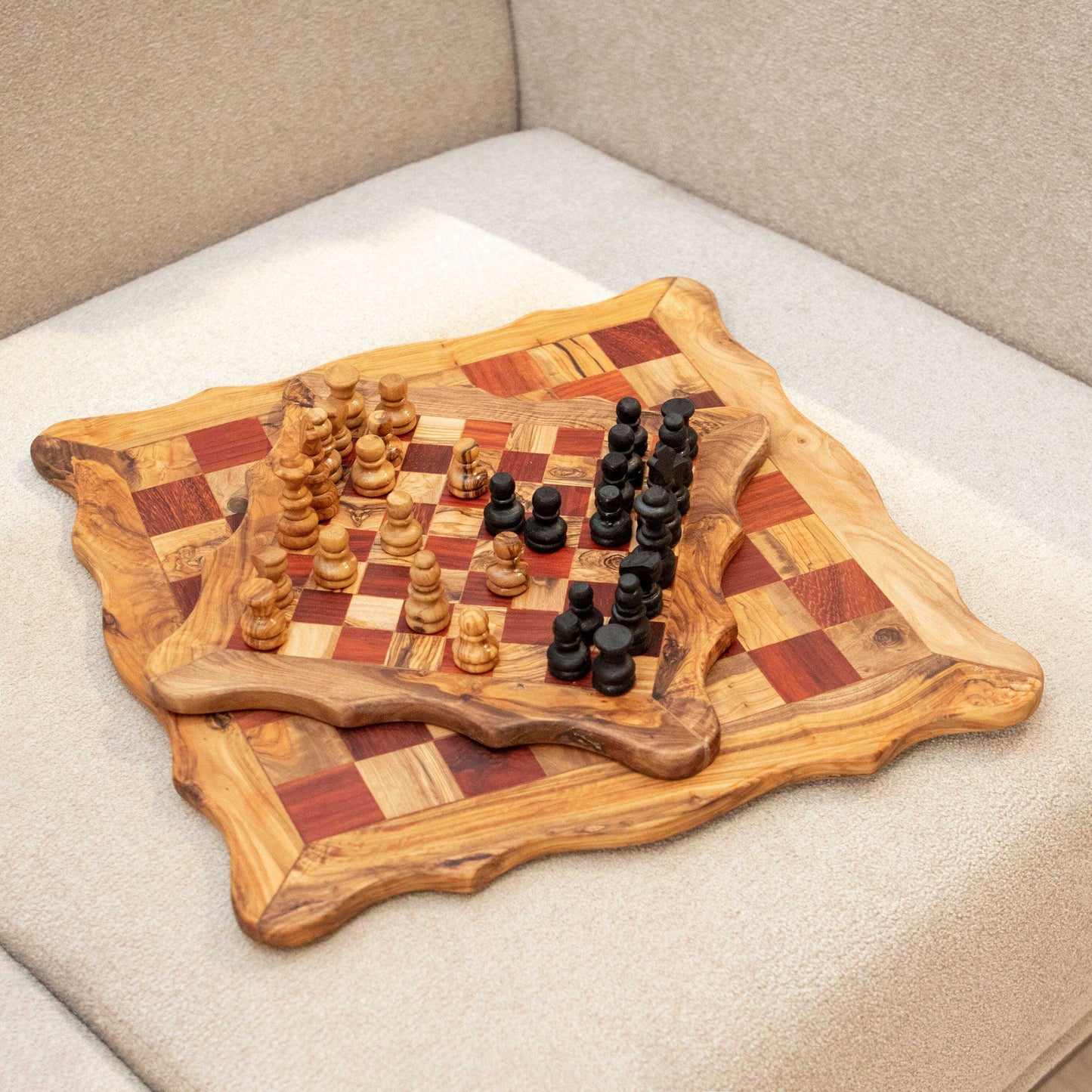 Handcrafted Chess Set with Square Wavy Board and Red Squares Personalized