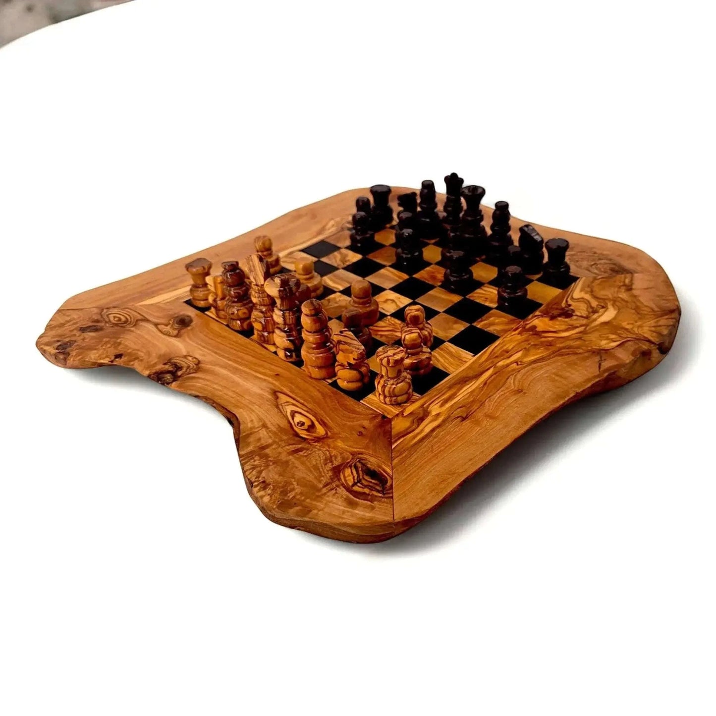Olive Wood Handcrafted Rustic Shaped Wooden Chess Board Set Wood