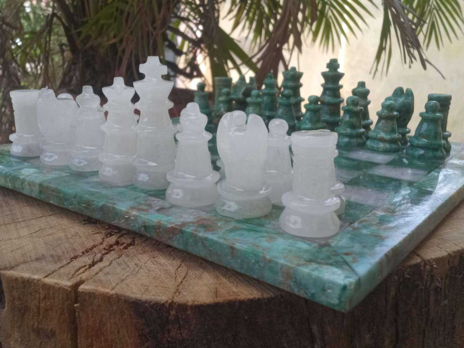 Handcrafted Green Jasper Chess Set with White Quartz Home & Garden