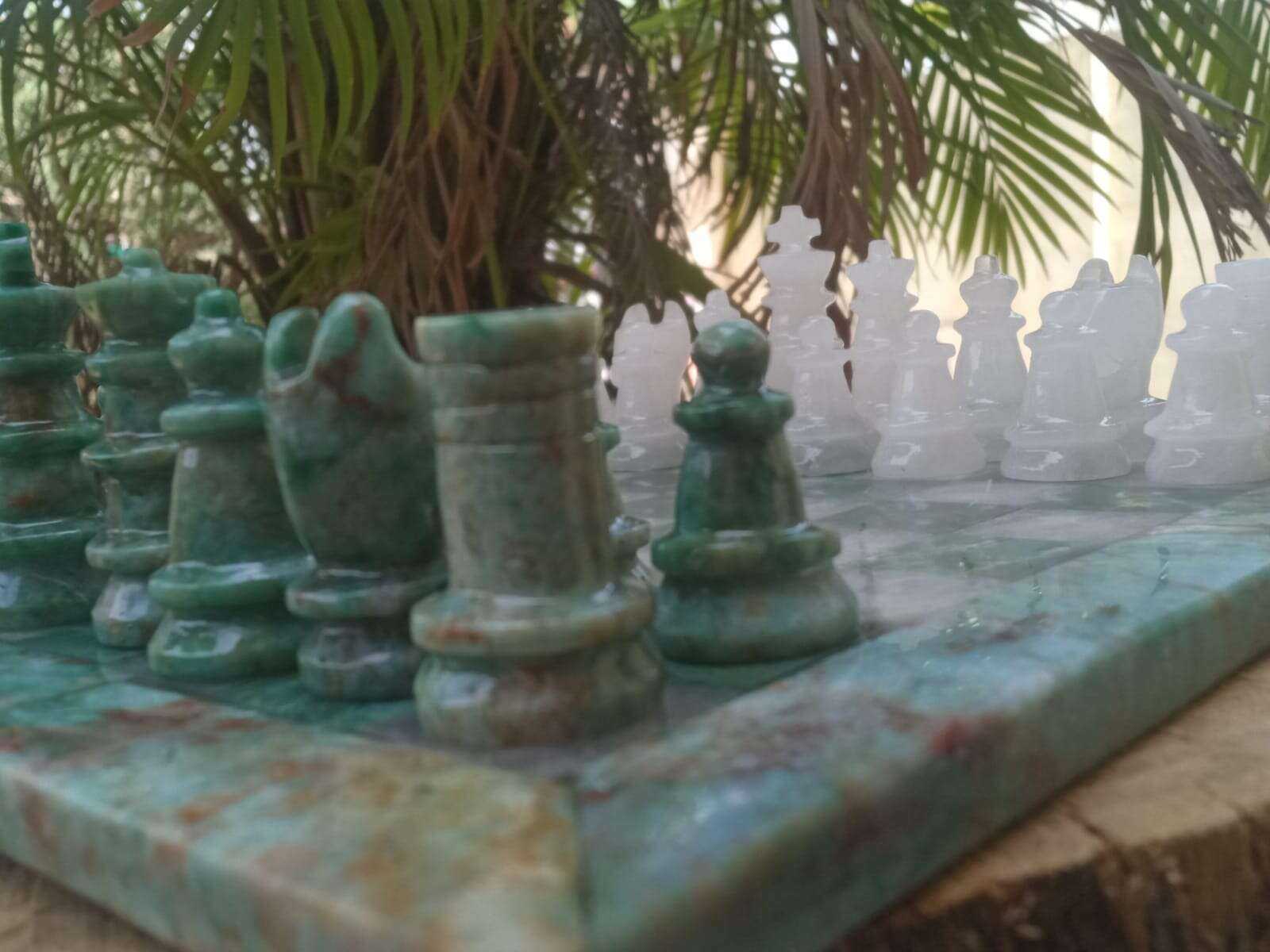 Handcrafted Green Jasper Chess Set with White Quartz Home & Garden