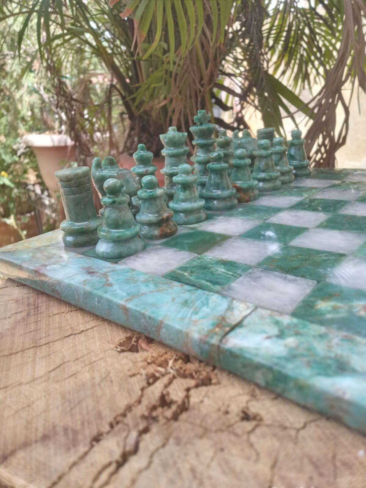 Handcrafted Green Jasper Chess Set with White Quartz Home & Garden