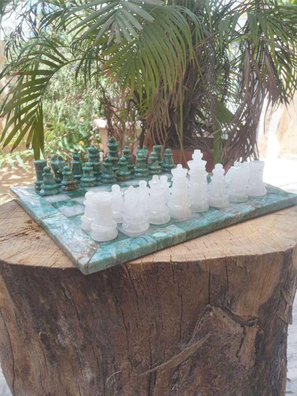 Handcrafted Green Jasper Chess Set with White Quartz Home & Garden
