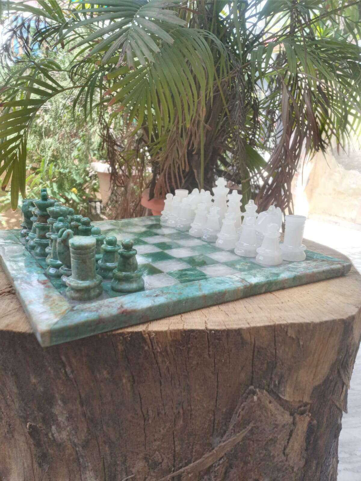 Handcrafted Green Jasper Chess Set with White Quartz Home & Garden