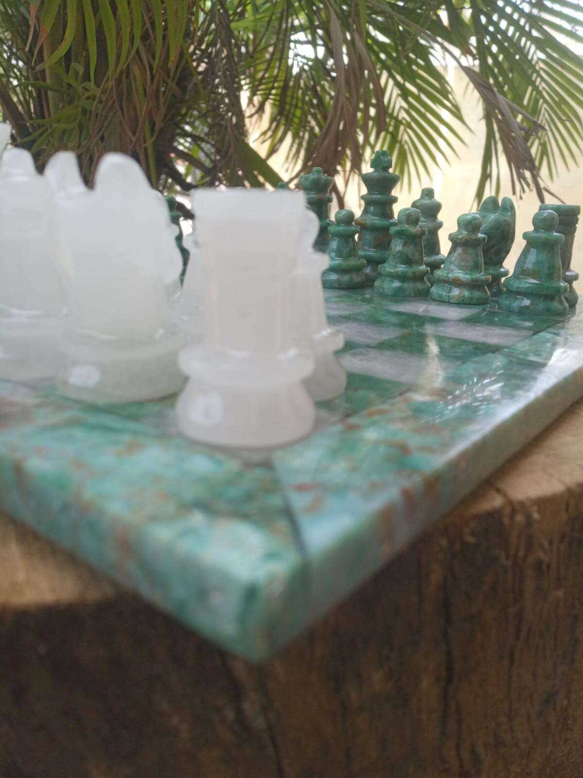 Handcrafted Green Jasper Chess Set with White Quartz Home & Garden