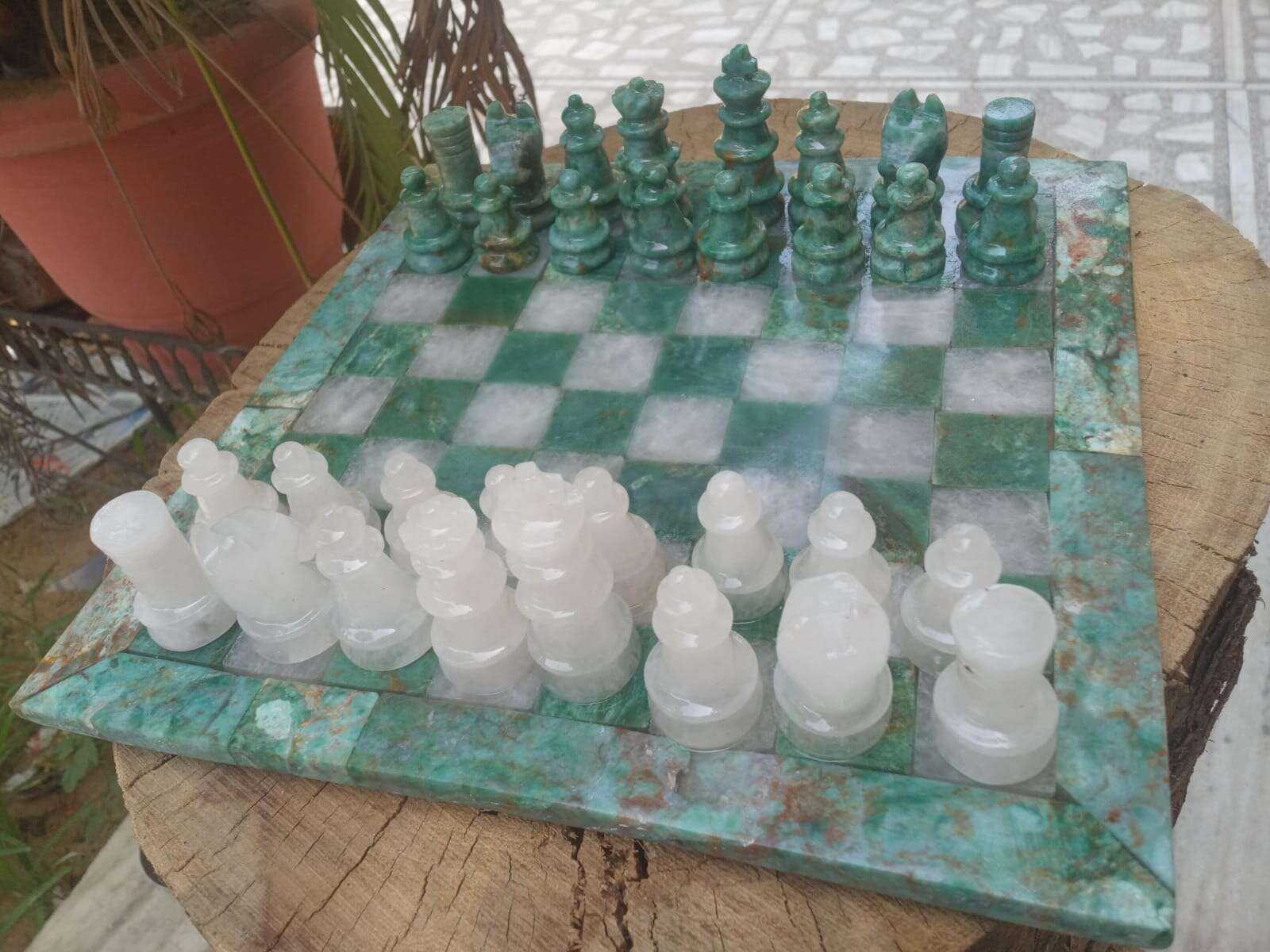 Handcrafted Green Jasper Chess Set with White Quartz Home & Garden