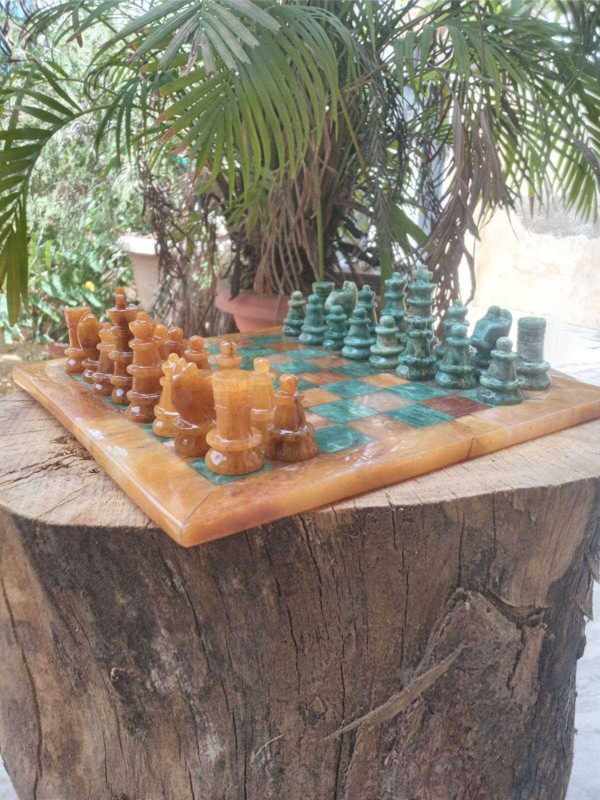 Handcrafted Yellow Aventurine Chess Set with Green Jasper Stones Home & Garden