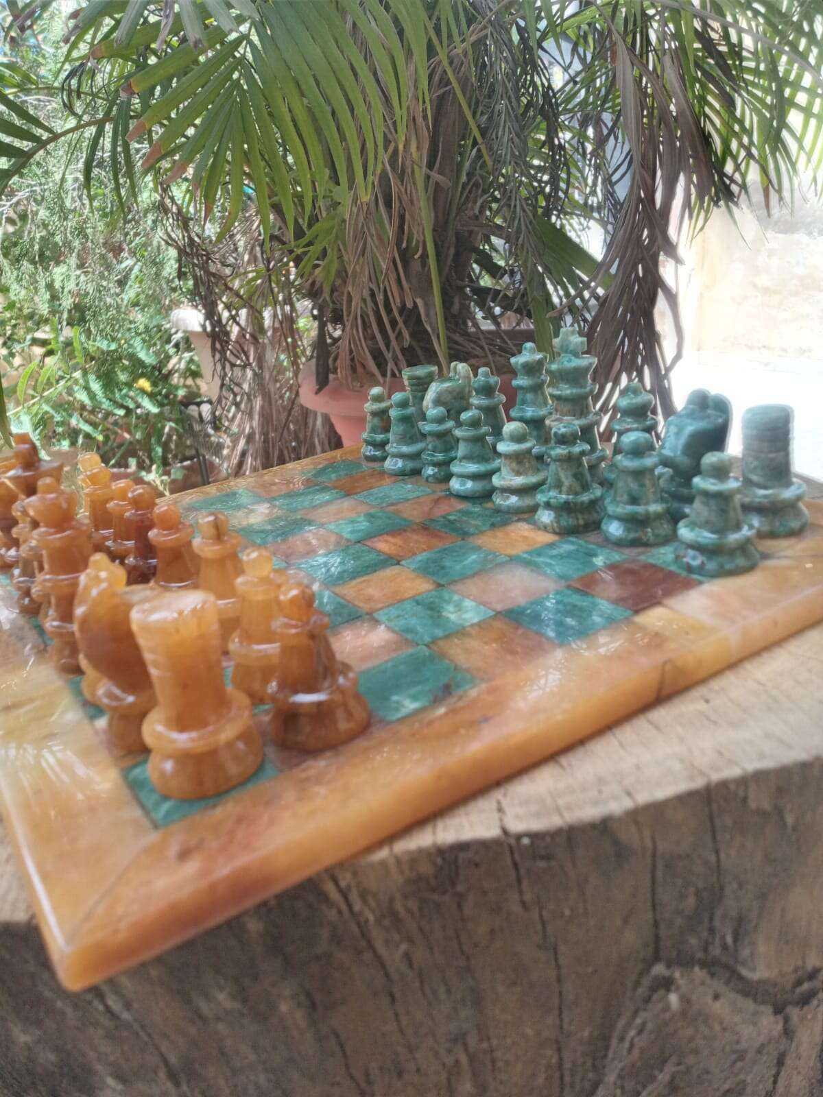 Handcrafted Yellow Aventurine Chess Set with Green Jasper Stones Home & Garden