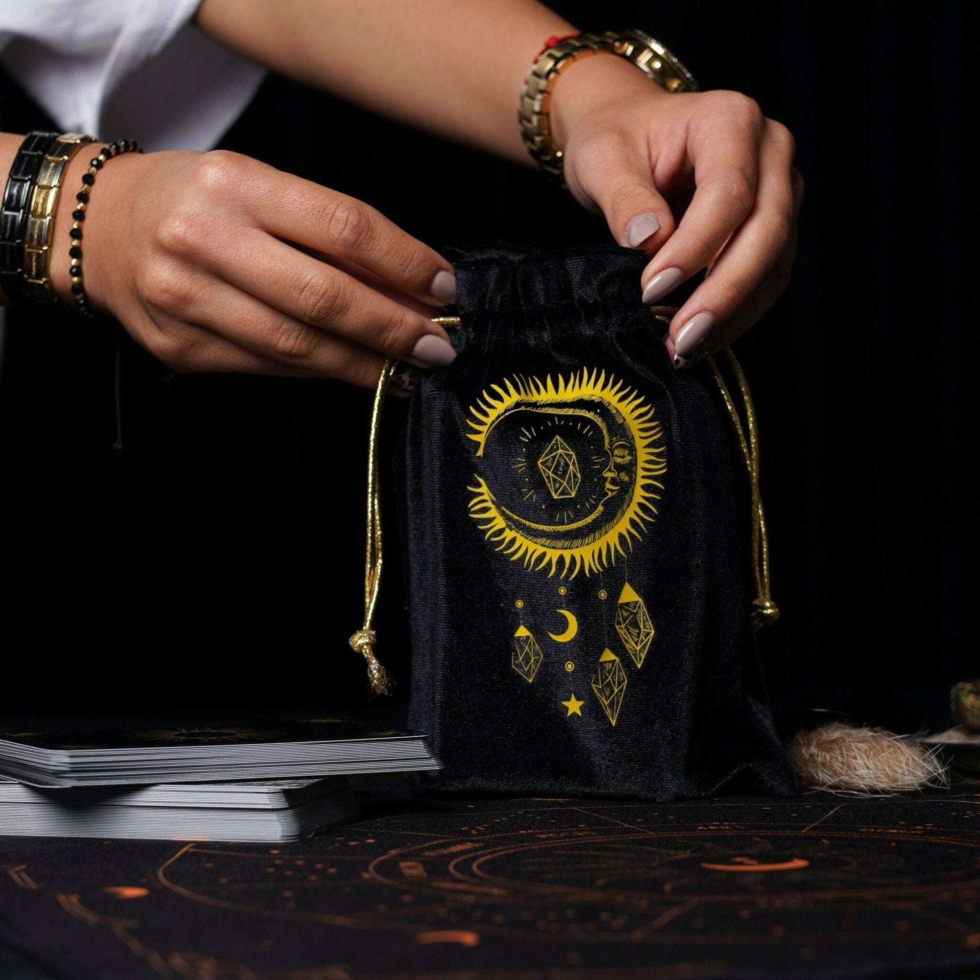 Velvet Tarot Cards Bag Black and Gold for Elegant Card Protection and Storage Adults