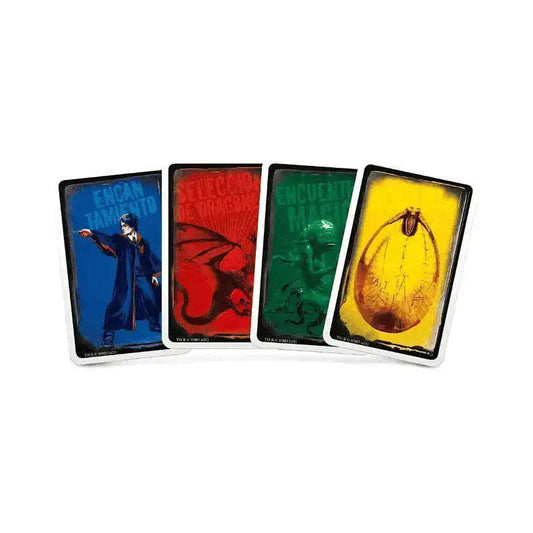 Four Harry Potter TCG cards with magical illustrations on vibrant backgrounds