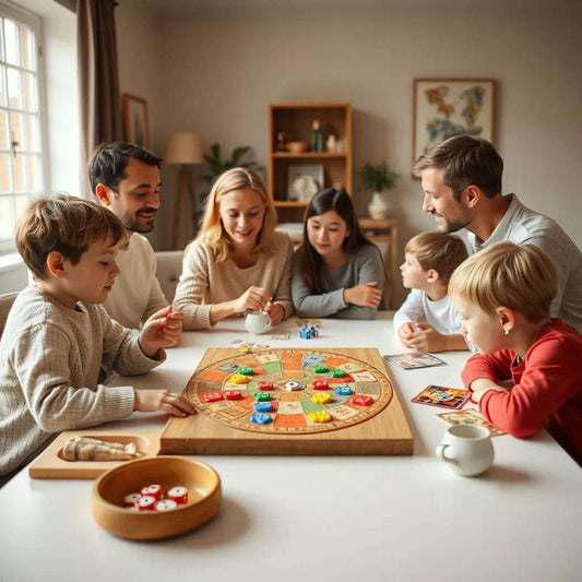 Family of four playing a board game with colorful pieces and cards on a dining table
