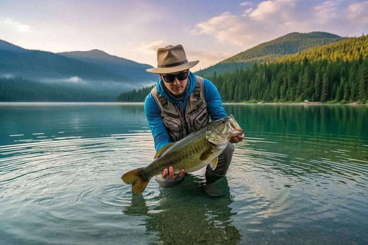 Large greenish-brown bass fish with yellow fins in catch and release fishing