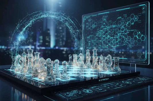 Transparent glass chess set with glowing blue AI strategy holograms