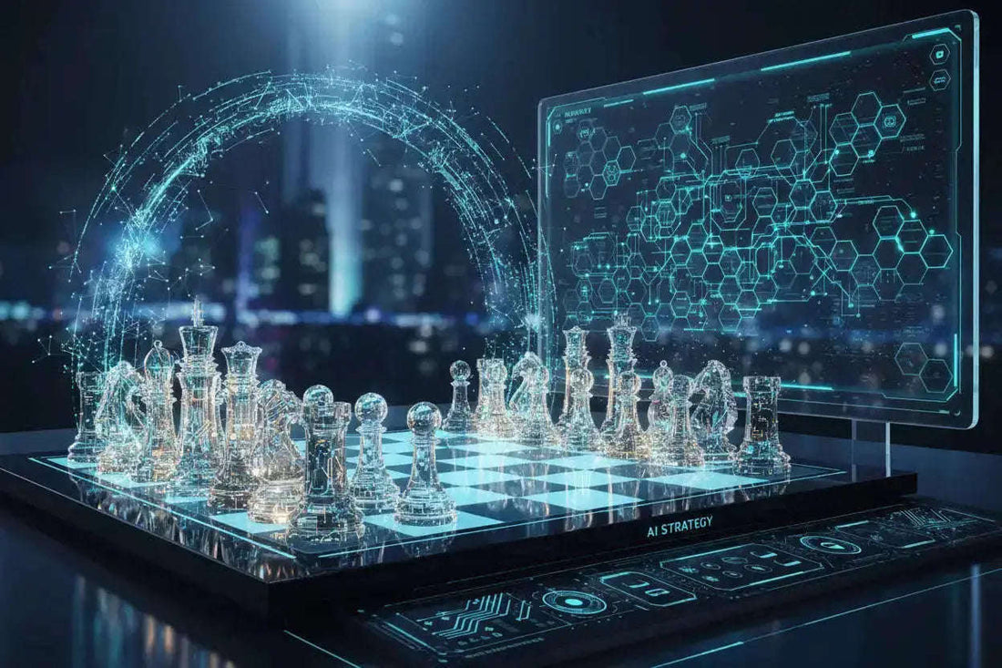 Transparent glass chess set with glowing blue AI strategy holograms