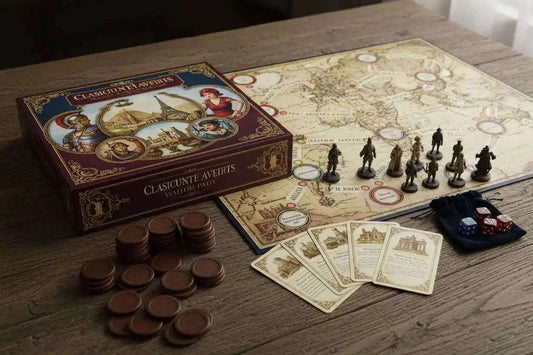 Elegant maroon and gold Clasificare Averei board game box with historical landmarks