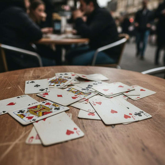 Playing cards scattered on a wooden table outdoors.