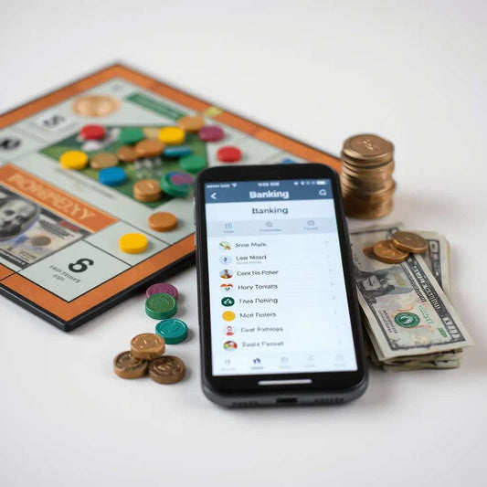 Smartphone banking screen next to Monopoly-style tokens and play money on a board