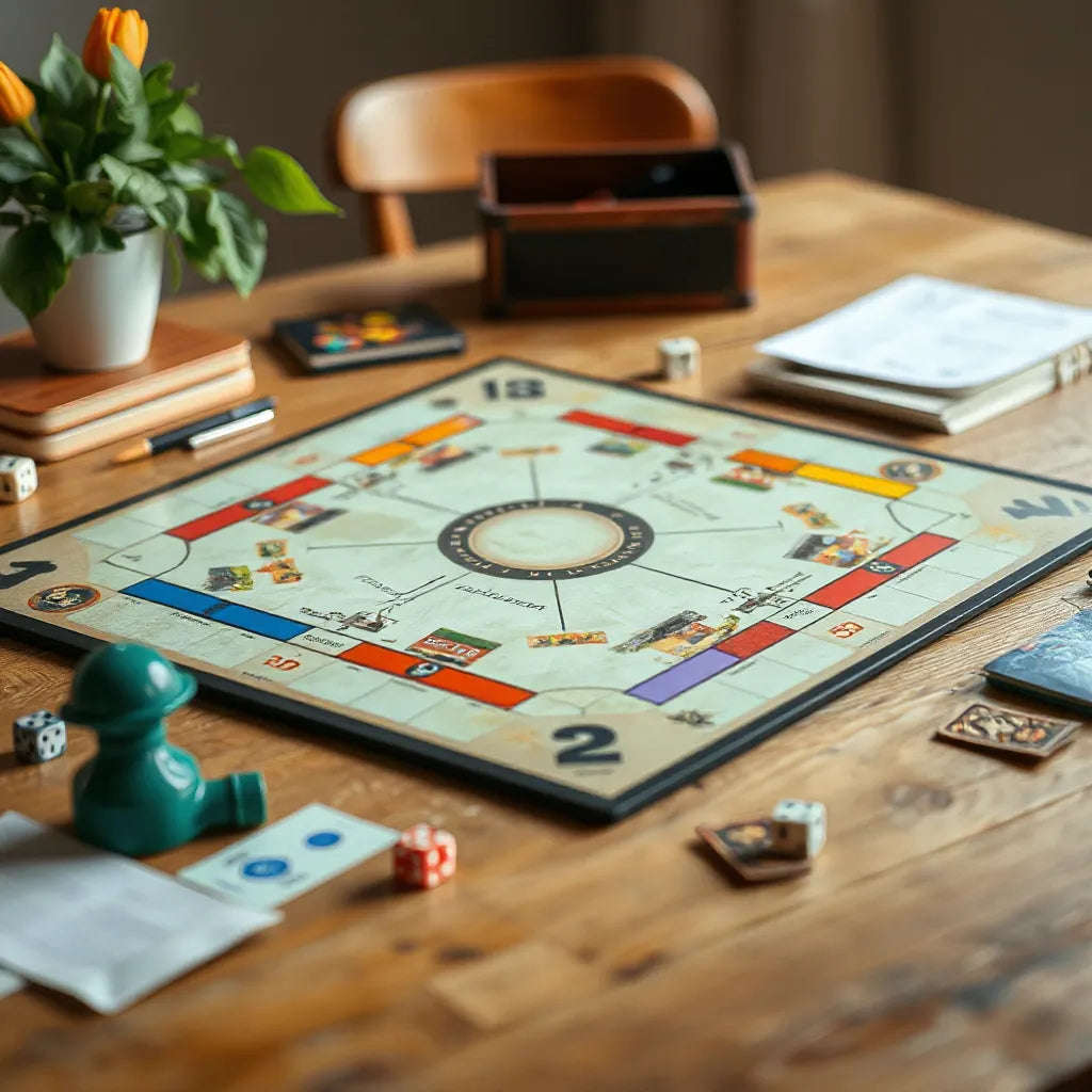 Classic board game setup with tokens and dice on a Monopoly-style board under warm light