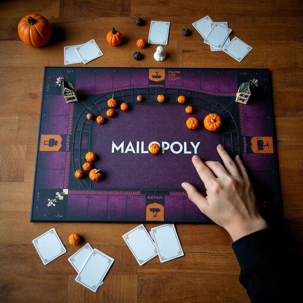Monopoly-style board game on a dark tabletop with themed properties and tokens ready to move