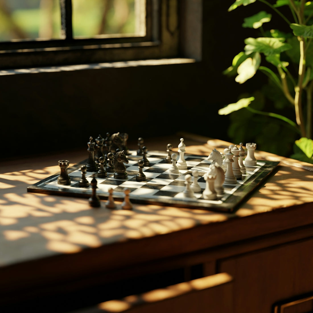 a chess board sitting on top of a wooden table