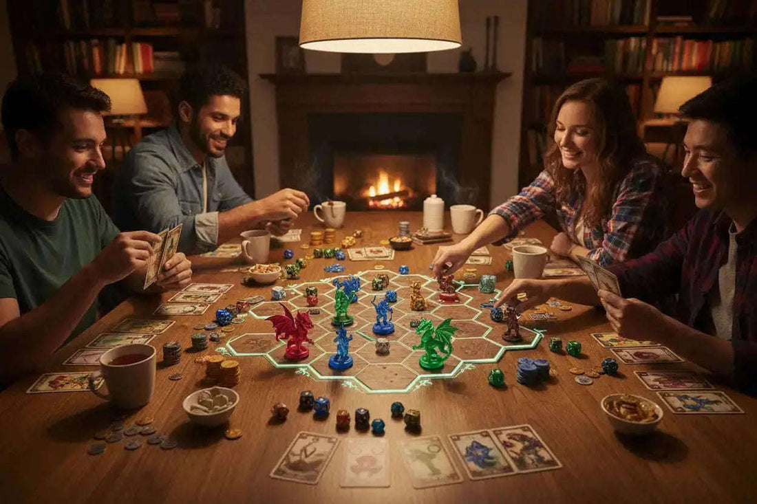 Vibrant multi-colored dragon figurines on glowing hexagonal board for turn-based game strategies