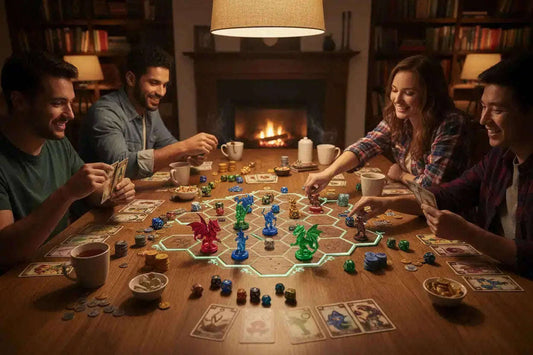 Vibrant multi-colored dragon figurines on glowing hexagonal board for turn-based game strategies