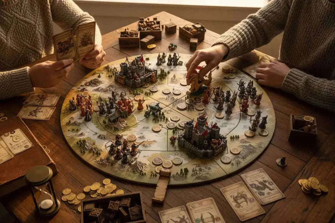 Detailed tabletop game board with miniatures, castles, and terrain in earthy tones.