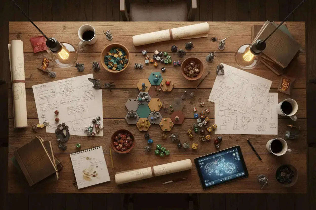 Black tablet showing glowing map interface in strategy game design