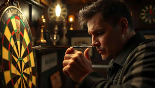 Man holding black dart with metallic tip before traditional dartboard