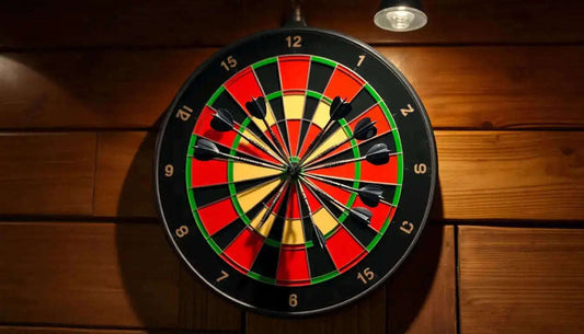 Classic black dartboard with vibrant red, green, yellow sections and bullseye