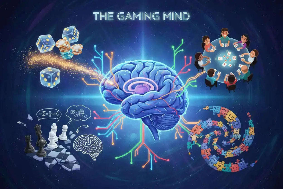 Glowing blue brain with neural pathways and game symbols in strategy decisions