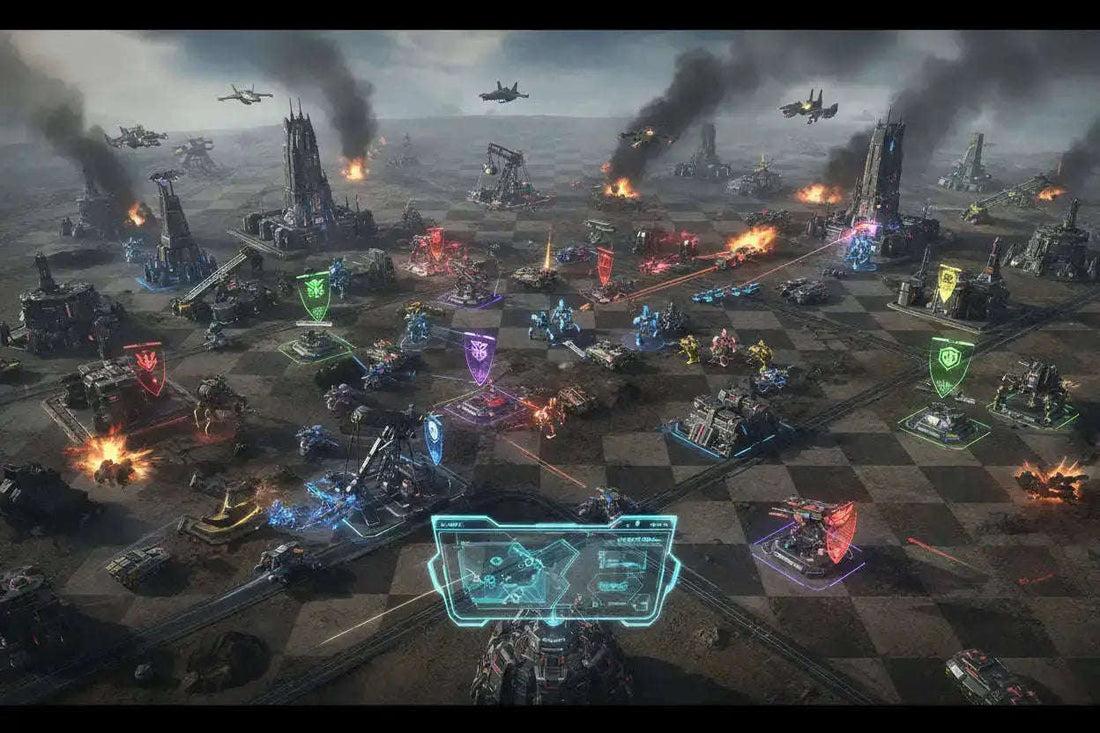 Futuristic RTS battlefield with holographic interfaces and military units