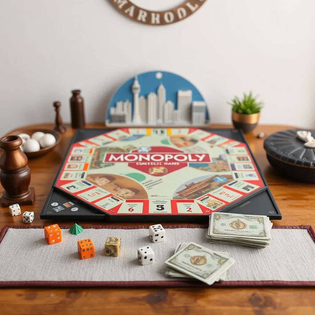 Colorful themed Monopoly-style board with tokens, dice, and property cards on a tabletop