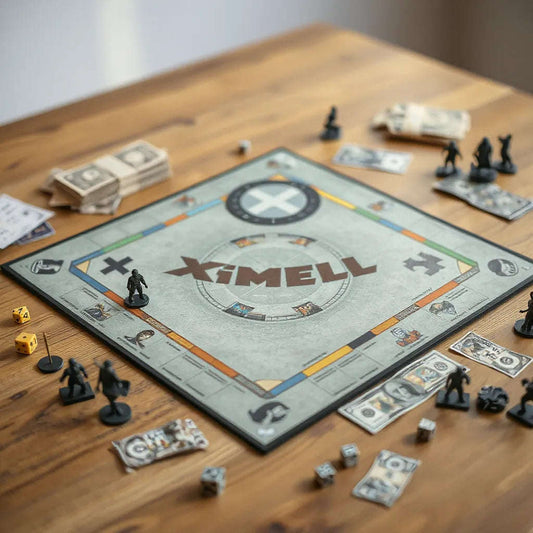 Tabletop game board with faction-themed Monopoly pieces, dice, and property cards on a wooden surface