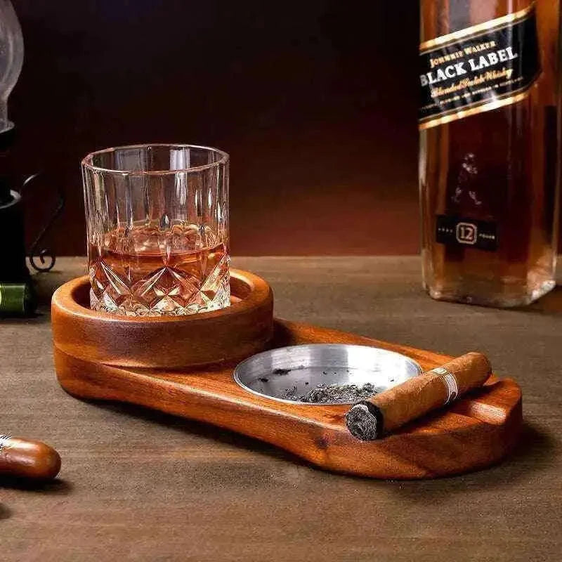 2 In 1 Wooden Ashtray and Whiskey Glass Tray Cigar Holder Home Decor
