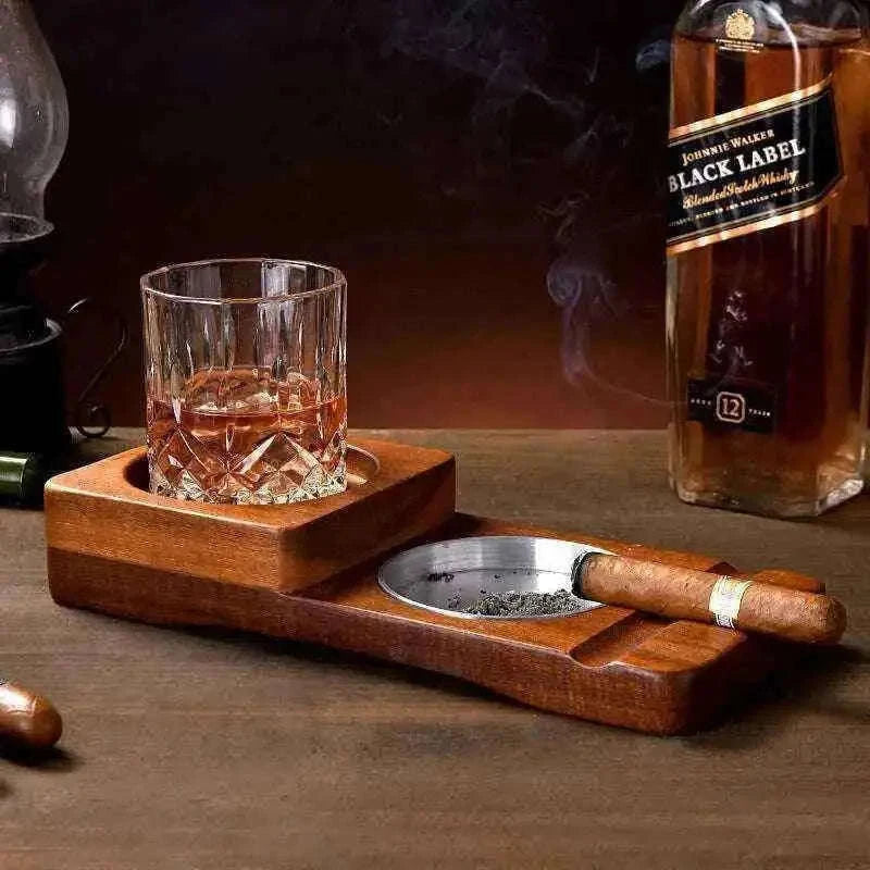 2 In 1 Wooden Ashtray and Whiskey Glass Tray Cigar Holder Home Decor