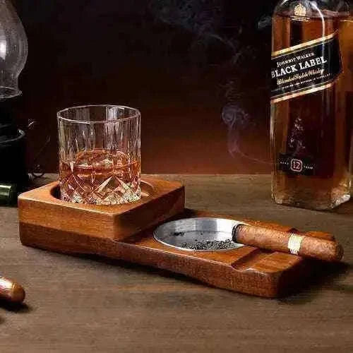 2 In 1 Wooden Ashtray and Whiskey Glass Tray Cigar Holder Home Decor