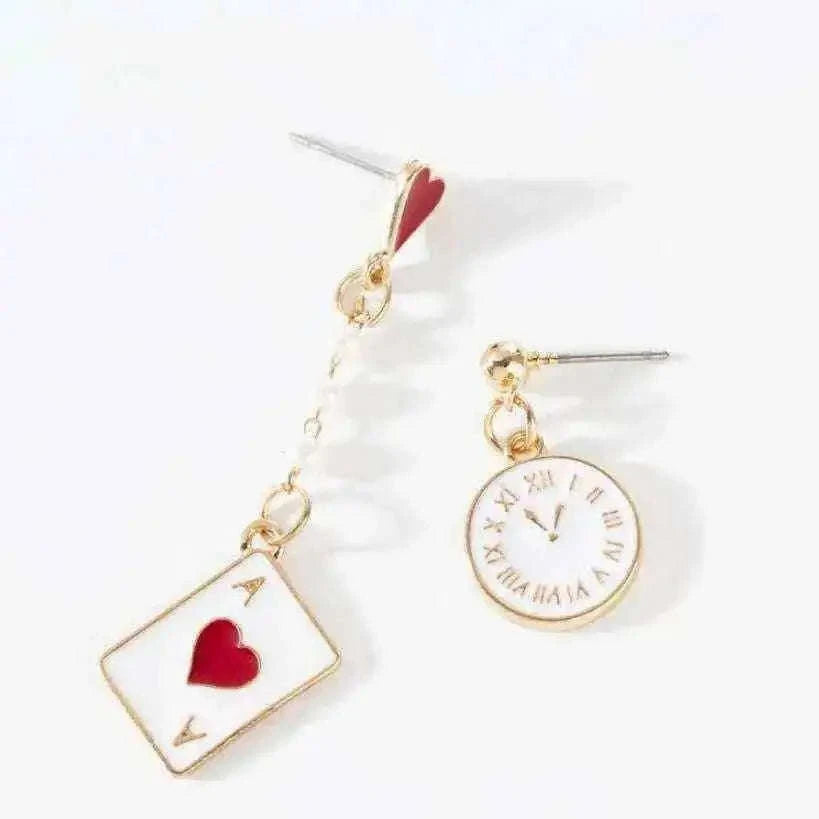 Asymmetric Clock and Poker Card Earrings Jewelry & Watches